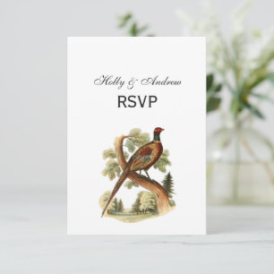 Vintage Pheasant on Branch w/ Trees Drawing Colour RSVP Card