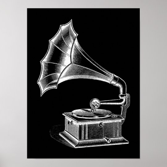 Vintage Phonograph Record Player Musical Black Poster