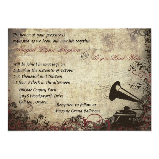 Vintage Phonograph Wedding Invitation Maroon