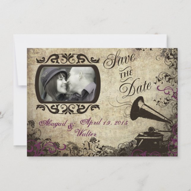 Vintage Phonograph Wedding Save the Date Card (Front)