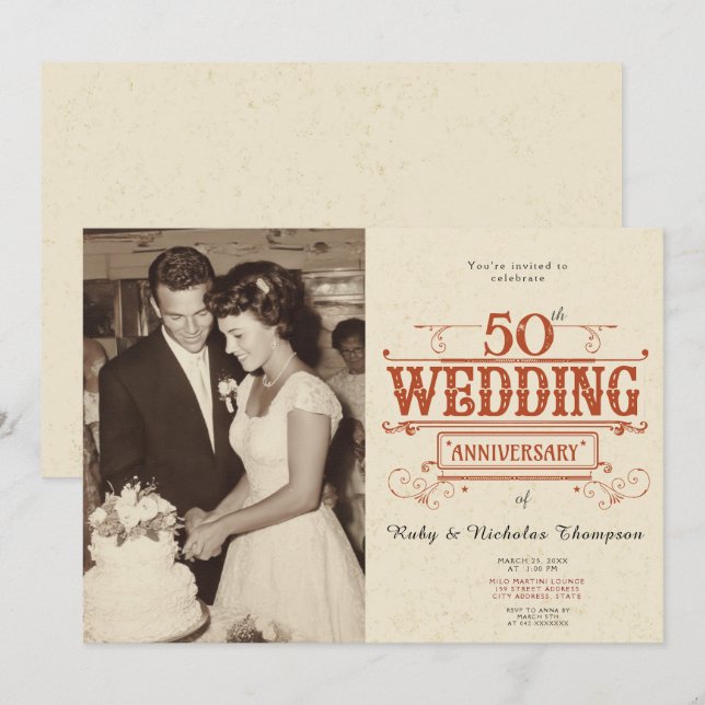 Vintage Photo 50th Wedding Anniversary Invitation (Front/Back)