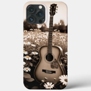 Vintage Photo Acoustic Guitar in a Daisy Field iPhone 13 Pro Max Case