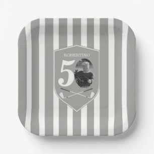 Vintage Photo Golfer Grey White 50th Birthday Paper Plate