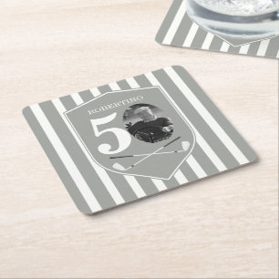 Vintage Photo Golfer Grey White 50th Birthday Square Paper Coaster