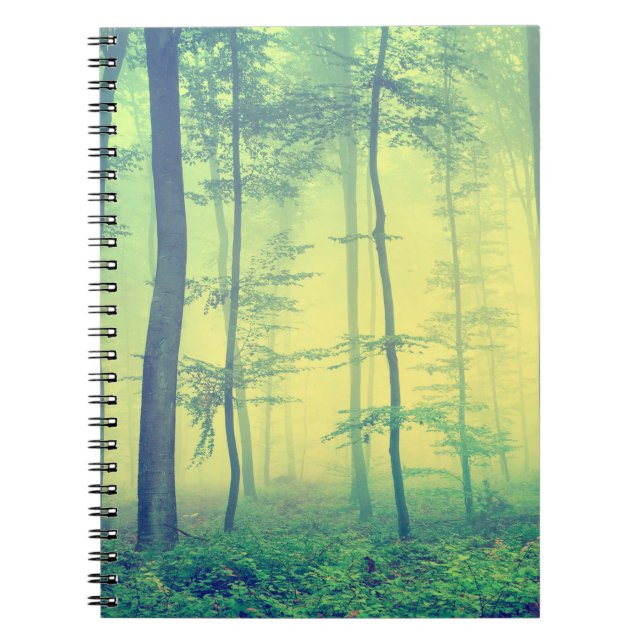 Vintage photo of foggy spring forest. notebook (Front)
