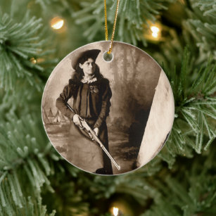 Vintage Photo Portrait, Miss Annie Oakley and Gun Ceramic Tree Decoration