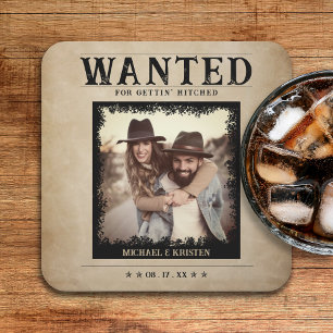 Vintage Photo Wanted Poster Wedding Square Paper Coaster