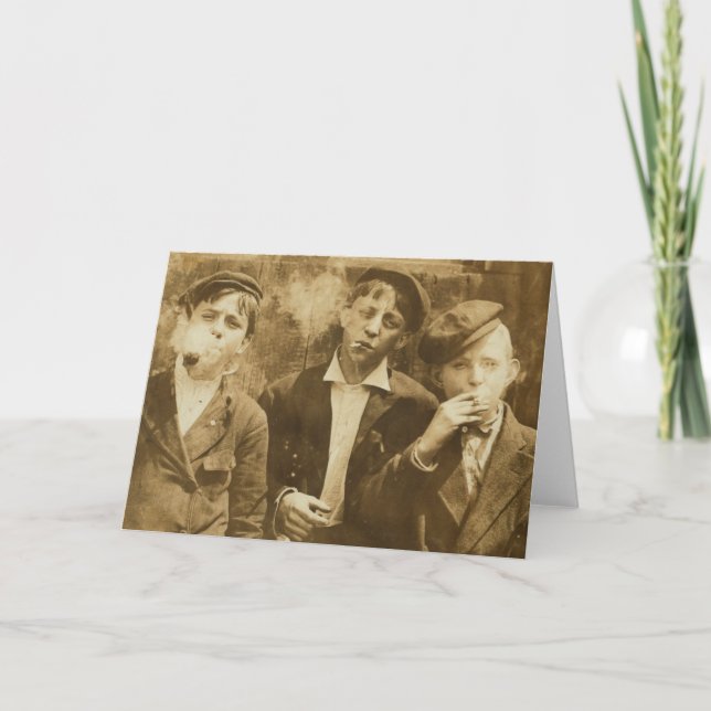 Vintage photograph of newsies smoking cigars card (Front)