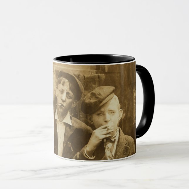 Vintage photograph of newsies smoking cigars mug (Front Right)