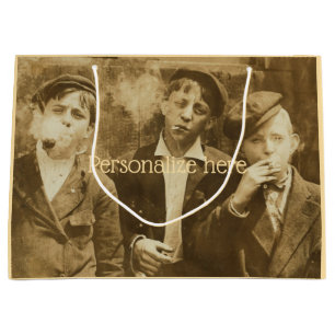 Vintage photograph of newsies smoking cigars sepia large gift bag
