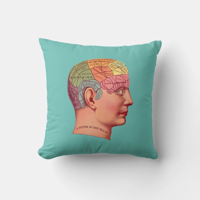 Vintage Phrenology Head Mind Brain Map Pillow (Front)