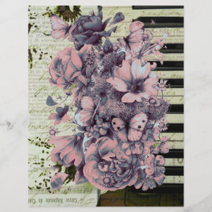 Vintage piano and flowers on old paper