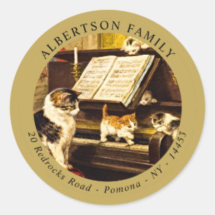 Vintage Piano Lesson Mother Cat Cute Kittens Classic Round Sticker