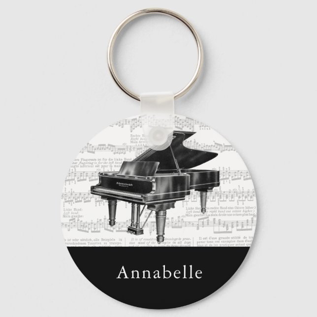 Vintage Piano Music Scores Black & White Key Ring (Front)