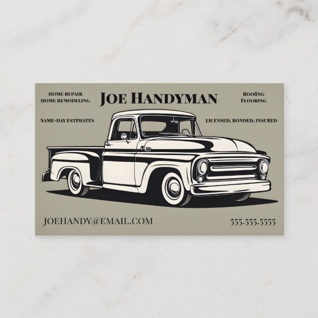 Vintage Pick Up Truck on Beige Handyman Service Business Card (Front)