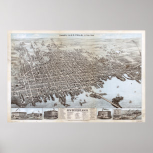 Vintage Pictorial Map of New Bedford MA (1876) Poster