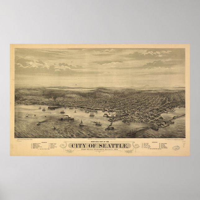 Vintage Pictorial Map of Seattle (1878) Poster (Front)