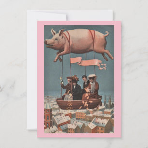 Vintage Pig Air Balloon Ride Over City Holiday Card