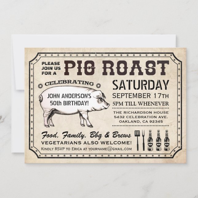 Vintage Pig Roast Invitations (Ticket Style) (Front)