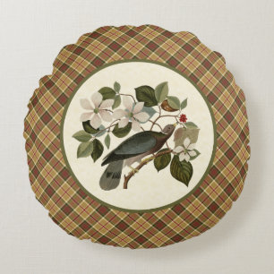 Vintage Pigeon and Dogwood with Gold Plaid Round Cushion