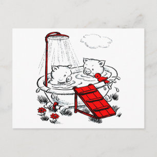 Vintage Piggies & Bird In Bath Postcard
