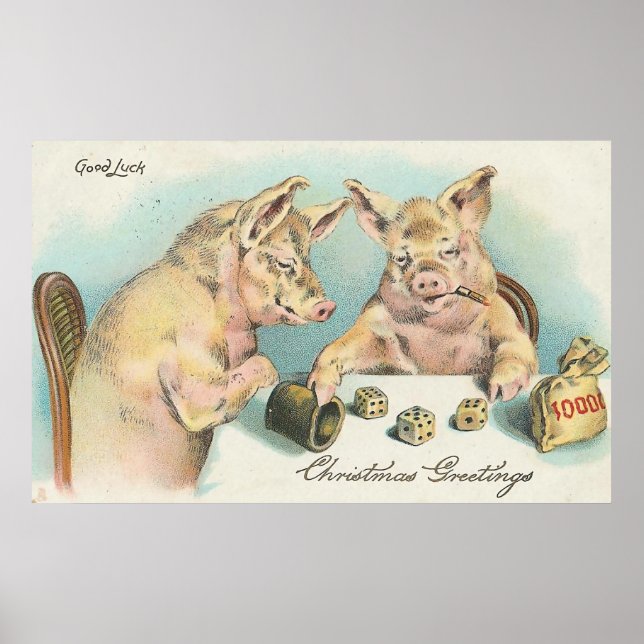 Vintage Pigs Playing Dice Poster (Front)