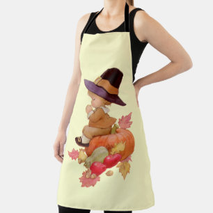 Vintage Pilgrim Boy Praying on Pumpkin Full Print Apron