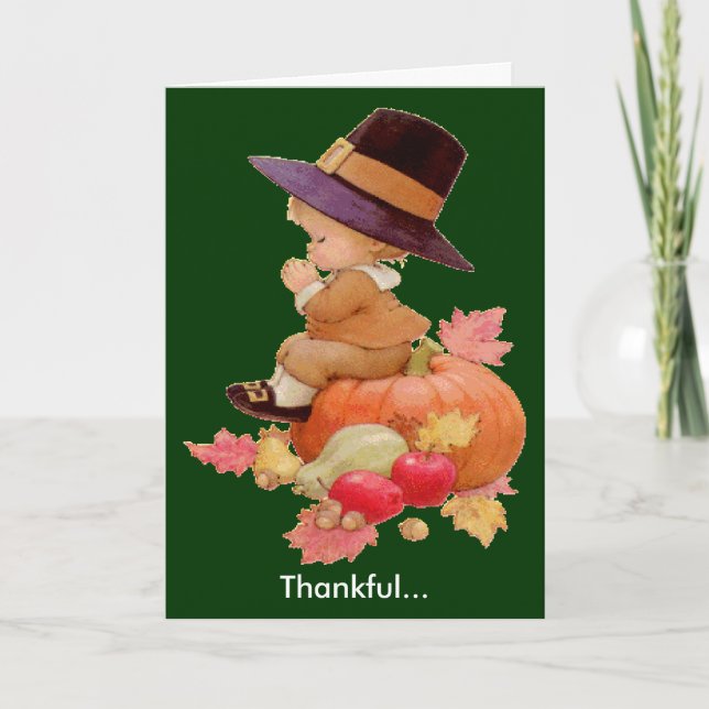 Vintage Pilgrim Boy Praying on Pumpkin Holiday Card (Front)
