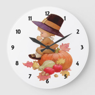 Vintage Pilgrim Boy Praying on Pumpkin Large Clock