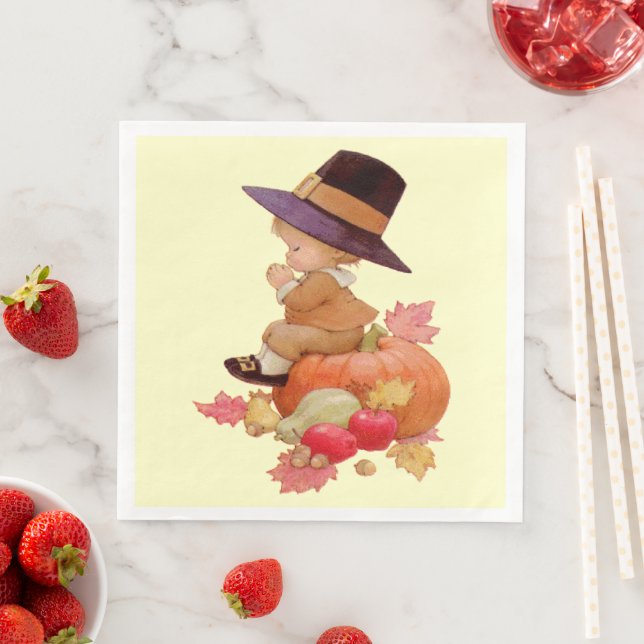 Vintage Pilgrim Boy Praying on Pumpkin Napkin (Insitu)