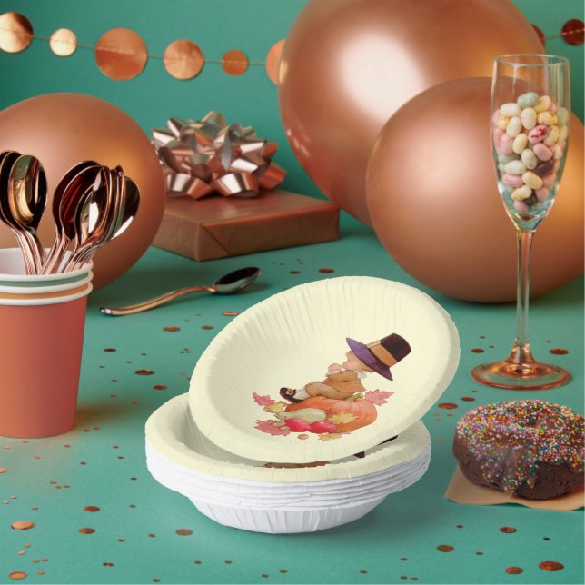 Vintage Pilgrim Boy Praying on Pumpkin Paper Plate (Multi)