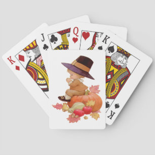 Vintage Pilgrim Boy Praying on Pumpkin Playing Cards