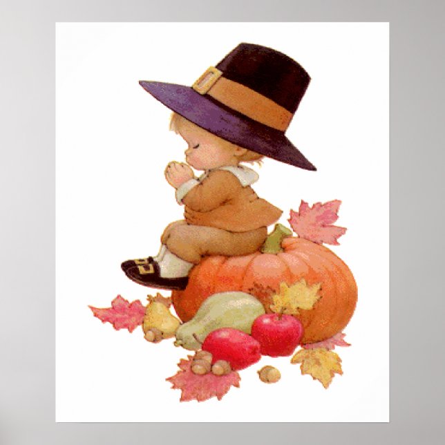 Vintage Pilgrim Boy Praying on Pumpkin Poster (Front)