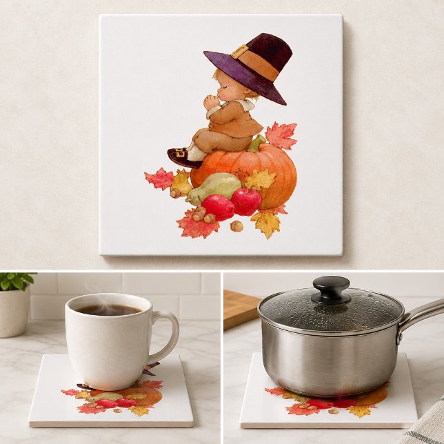 Vintage Pilgrim Boy Praying on Pumpkin Tile (Vintage Pilgrim Boy Praying on Pumpkin Tile)