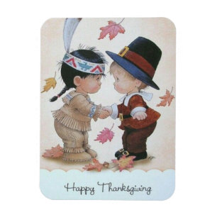 Vintage Pilgrim & Indian Happy Thanksgiving  Magnet