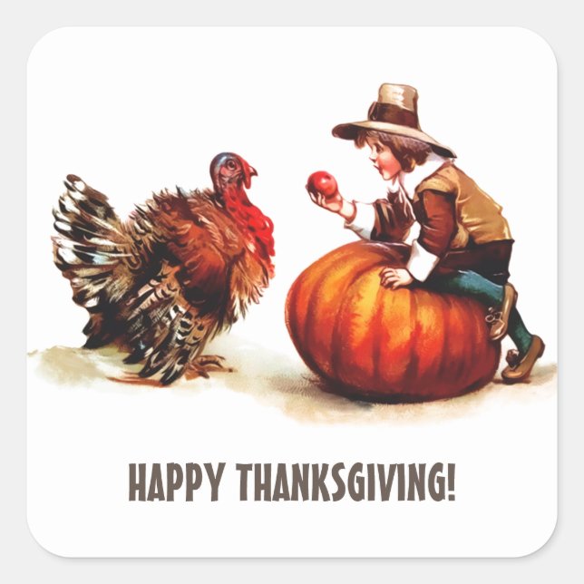 Vintage Pilgrim Kid & Turkey Thanksgiving  Square Sticker (Front)