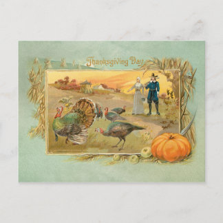 Vintage Pilgrims and Turkeys Postcard