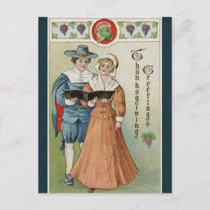 Vintage Pilgrims Sharing a Hymn Book Thanksgiving Postcard