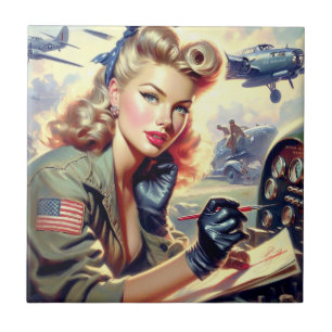 Vintage Pilot Pin Up Ceramic Tile