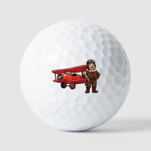 Vintage Pilot with Red Biplane Cartoon Art Golf Balls