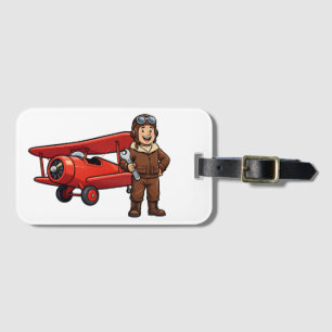 Vintage Pilot with Red Biplane Cartoon Art Luggage Tag
