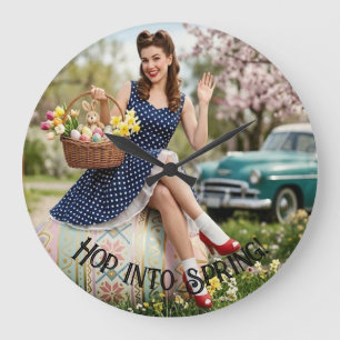 Vintage Pin-Up Easter Art Wall Clock: Retro Girl D Large Clock