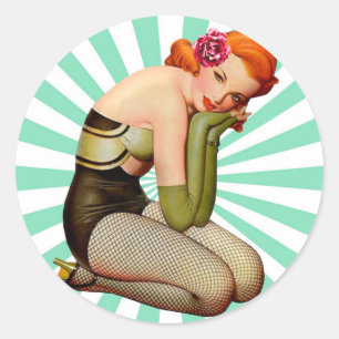 Vintage Pin-up girl with rose   Classic Round Sticker