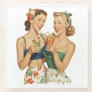 Vintage Pin-Up Summer Cocktail Friends Glass Coaster