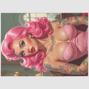 Vintage Pin-Up with Pink Hair & Tattoos Decoupage Tissue Paper