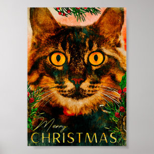 Vintage Pine Branch And Leaf Cat Merry Christmas Poster