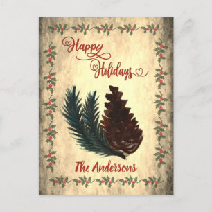 Vintage pine cone Red calligraphy Happy Holidays Holiday Postcard