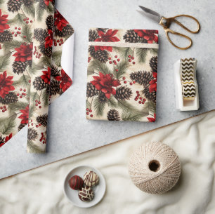 Vintage Pine cones and branches with poinsettia  Wrapping Paper