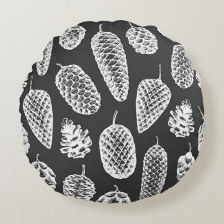 Vintage pine cones, botanical chalkboard. round cushion