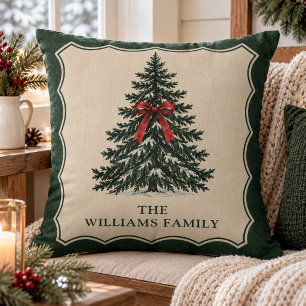 Vintage Pine Tree Custom Family Name Christmas Cushion